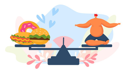 Fastfood and fat man on scale, vector illustration. Unhealthy overweight peron character, big adult man eat cartoon humburger, donut and hot dog. Junk lifestyle, obesity problem concept.