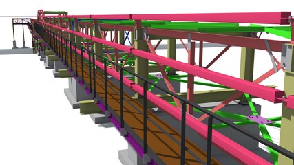 BIM model structure of a steel overpass for laying industrial electrical networks of power plants and factories. 3D rendering.
