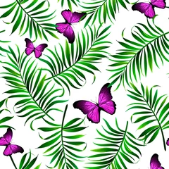 Foto auf Acrylglas Tropical vector seamless background with palm leaves and flowers. Vintage textile print . © Logunova  Elena