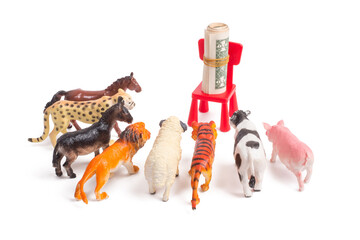 Toy plastic figurines of animals on white isolated background. Crowd of animals in front of a bundle of money. The concept of the desire to make money. People love money more than anything.