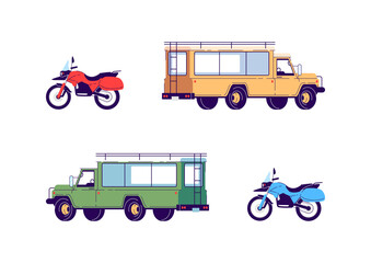 Transportation for tour semi flat RGB color vector illustration set. Motorcycle for extreme sport. Truck for safari travel. Vehicles isolated cartoon objects on white background collection © bsd studio