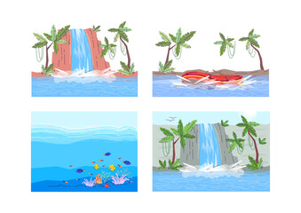 Aquatic scenes semi flat vector illustration set. Extreme water sport in river with boar. Underwater exotic life. Waterfall in resort. Tropical 2D cartoon scenery for commercial use collection