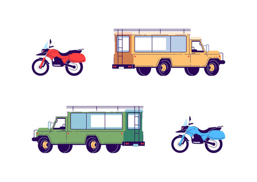 Transportation for tour semi flat RGB color vector illustration set. Motorcycle for extreme sport. Truck for safari travel. Vehicles isolated cartoon objects on white background collection