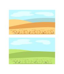 Medieval scenery semi flat vector illustration. Hills with grass. Rural land. Middle age scenery. Ranch pasture. Sun with clouds. Countryside scene. Summer land 2D cartoon landscape for commercial use