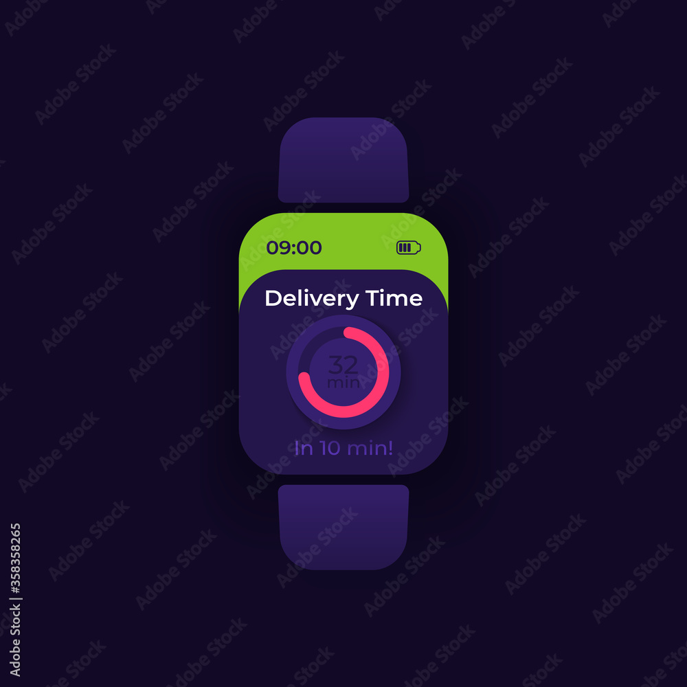 Poster order tracker smartwatch interface vector template. mobile app notification night mode design. remai