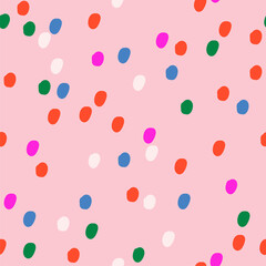 Multicolour dotted pattern. Pink animal print Dalmatian seamless pattern design. Trendy minimalistic spotted texture. Pink background for card, presentation, web banner, textile print.