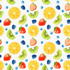 Seamless watercolor pattern with strawberries, orange, blueberries, blackberries, kiwi. Hand-painted background of berries and fruits for textile, postcard, invitation. Hand drawn watercolor ornament.