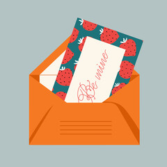 Opened an orange envelope and a strawberry pattern greeting card. Modern hand-drawn vector illustration of an envelope. Love letter. Cute isolated illustrated element for web and print.