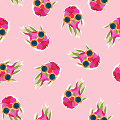 Trendy dragon fruit pink pattern. Pink dragonfruit wearing sunglasses. Cool summer background design. Seasonal fruit design. Seamless pattern design for web and print. © Lena Lapina