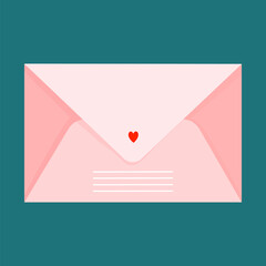 The pink envelope on a green background. Modern hand-drawn vector illustration of a closed envelope. Small heart detail, a love letter. Cute isolated illustrated element for web and print.