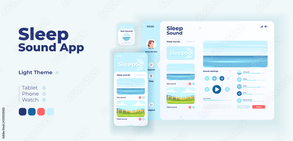Poster sleep sound app screen vector adaptive design template. calming music and relaxing sounds applicatio