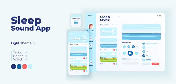 Sleep sound app screen vector adaptive design template. Calming music and relaxing sounds application light mode interface with flat illustrations. Smartphone, tablet, smart watch cartoon UI