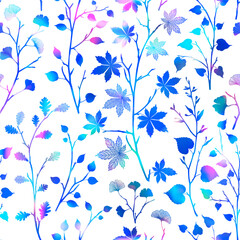 Bright leaves pattern seamless background Neon trendy texture Holographic vivid decorative repeat texture with blue leaf and branches tree. Template for design fabric, backgrounds, wrapping paper