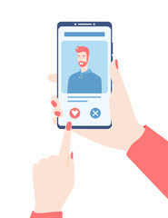 Online dating application concept. Hands with smartphone. Vector illustration. 
