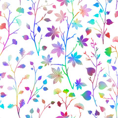 Bright leaves pattern seamless background Neon trendy texture Holographic vivid decorative repeat texture with leaf and branches tree. Template for design fabric, backgrounds, wrapping paper, package