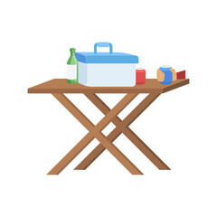 Camp food semi flat RGB color vector illustration. Folding table with container and drinks. Picnic after hiking. Cook meal in camping site. Desk for outdoor isolated cartoon object on white background