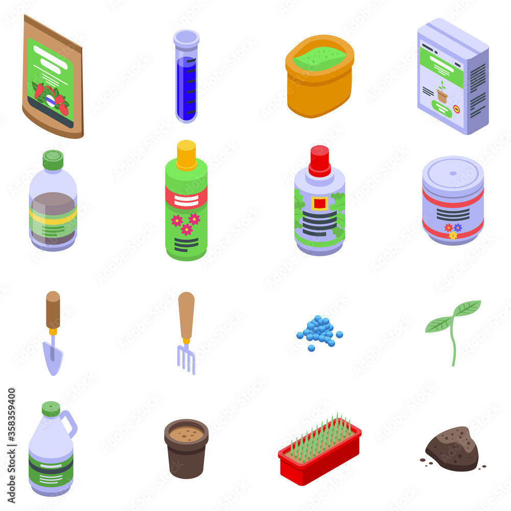Poster fertilizer icons set. isometric set of fertilizer vector icons for web design isolated on white back