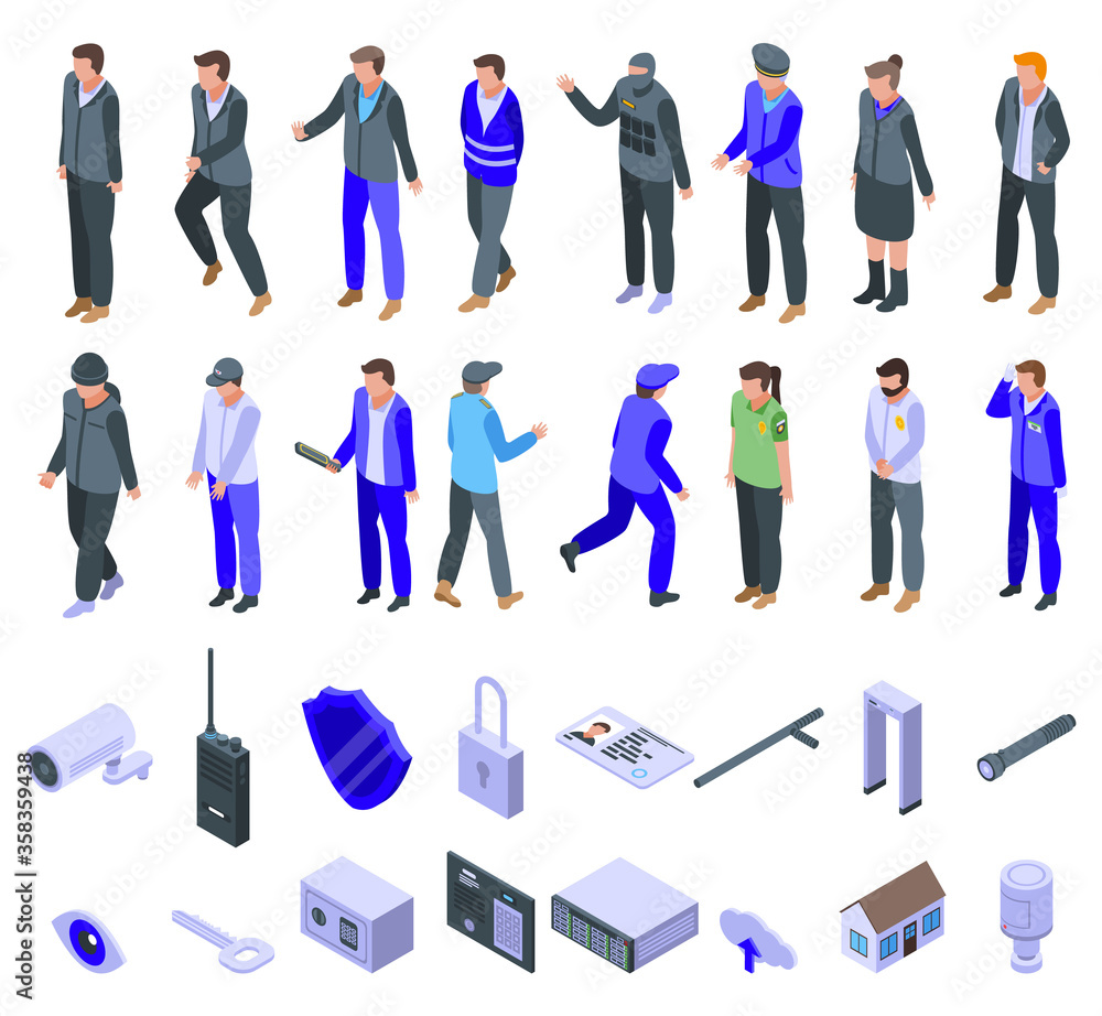 Poster security service icons set. isometric set of security service vector icons for web design isolated o