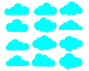 Clouds vector set. Different cloud shapes in blue and white flat background.