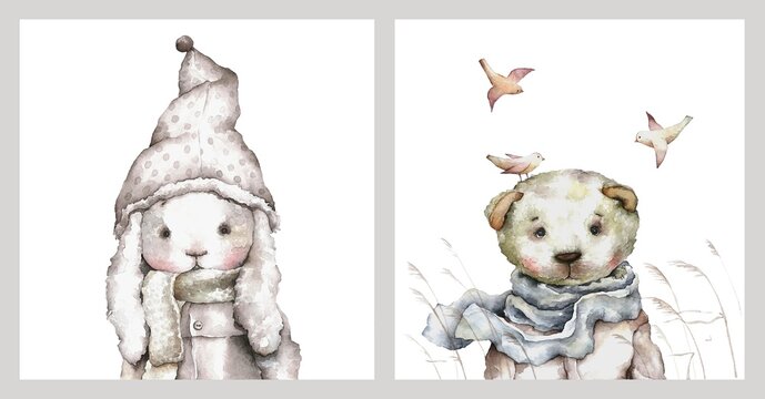 A set of posters for children. Watercolor illustration of cute animals isolated on a white background. Bear in a scarf and a bunny in a hat. High quality photo