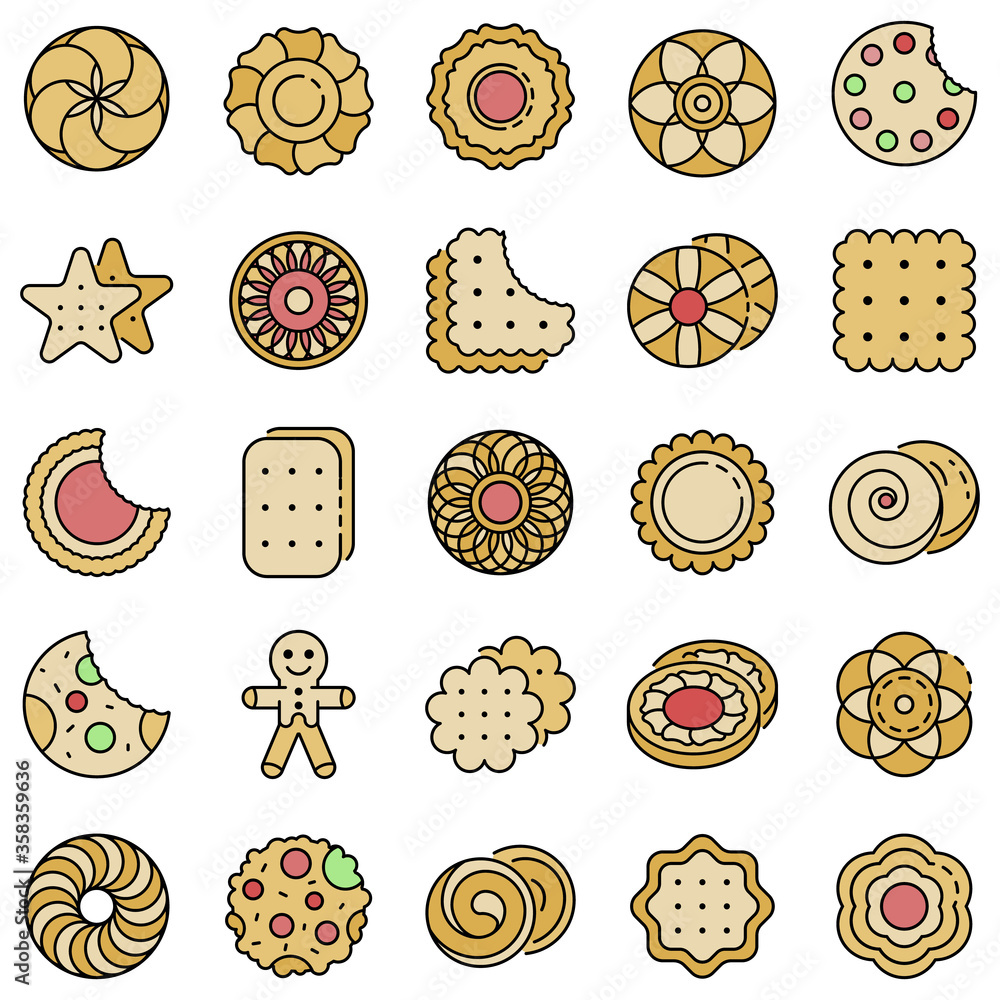 Poster biscuit icon set. outline set of biscuit vector icons thin line color flat isolated on white