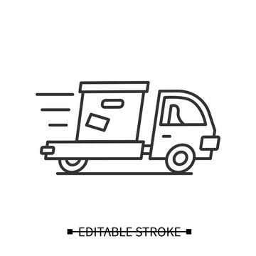 Express delivery icon. Line pictogram of fast courier truck with post box. Concept of same day safe delivery and logistic service in corona virus retail lockdown. Editable stroke vector illustration