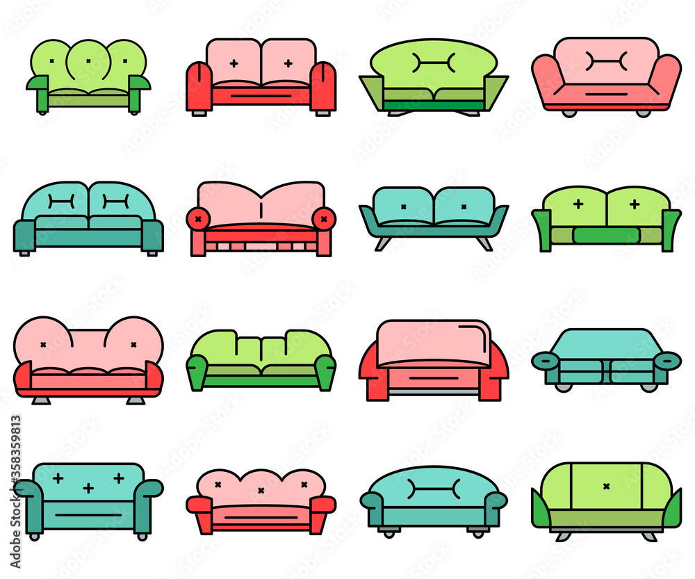 Poster sofa icon set. outline set of sofa vector icons thin line color flat isolated on white