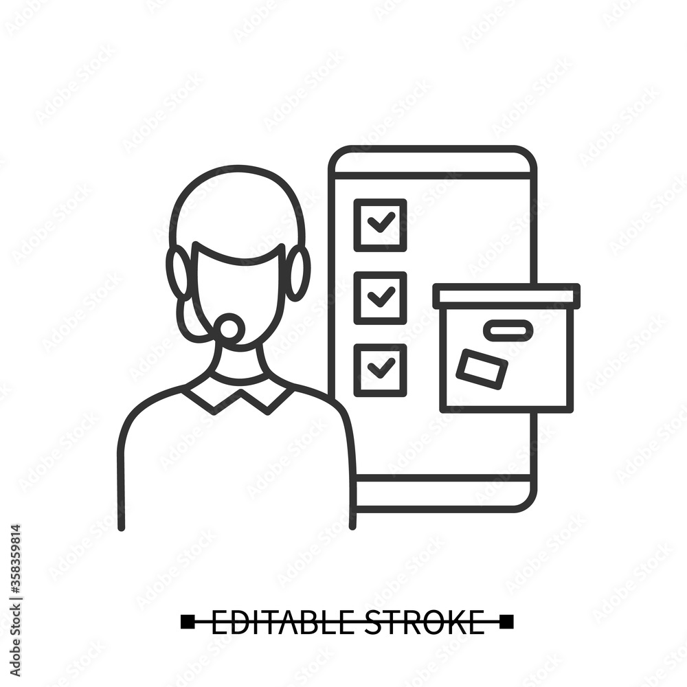 Poster customer support icon. line pictogram of service agent checking mobile order details. client support