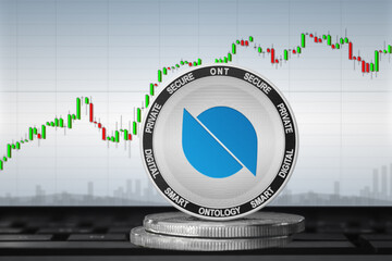 Ontology ONT cryptocurrency; Ontology coin on the background of the chart