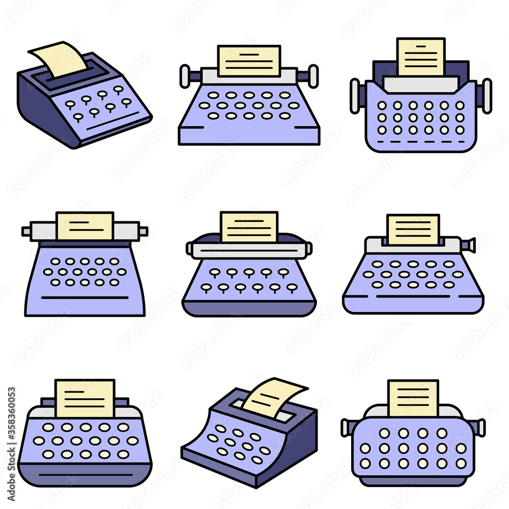 Poster typewriter icon set. outline set of typewriter vector icons thin line color flat isolated on white