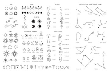 Zodiac sings constellation, alchemy astrology astronomy symbols, isolated icons. Planets, stars pictograms. Big esoteric set in line art black and white color geometric - obrazy, fototapety, plakaty