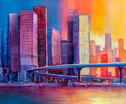 Abstract oil painting, panorama of the city with a bridge. © serge-b