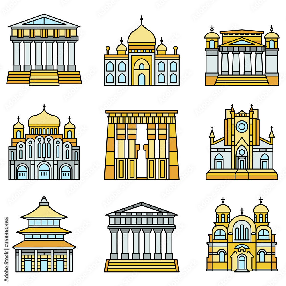 Poster temple icon set. outline set of temple vector icons thin line color flat isolated on white