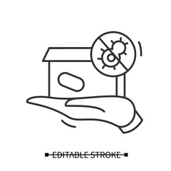 Document delivery icon. Office documents box handed on a palm, with line stop covid line pictogram. Concept of safe office courier service and remote workplace. Editable stroke vector illustration