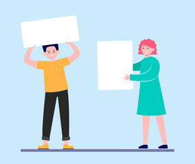 Activist holding support placards. Man and woman with white blank banner and poster flat vector illustration. Social campaign, picket concept for banner, website design or landing web page