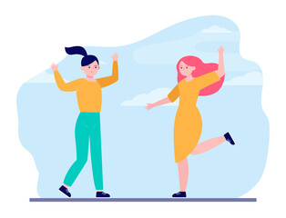 Girls having fun outdoors. Young woman, female friends celebrating and dancing flat vector illustration. Friendship, leisure, party concept for banner, website design or landing web page