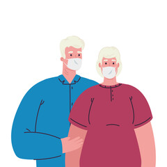 old couple wearing protective medical mask against covid 19 vector illustration design