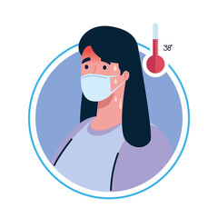 woman wearing medical mask with high fever symptom of coronavirus covid 19 vector illustration design