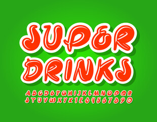 Vector bright emblem Super Drinks with Artistic Red Font. Creative Alphabet Letters and Numbers