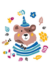 Obraz na płótnie Canvas Cute forest bear in cartoon style. The idea of a print for children's clothing and baby supplies. Vector illustration.