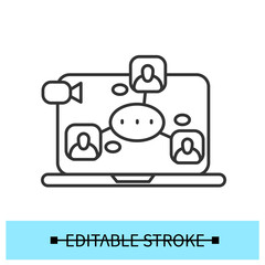 Video conference icon. Sign for web business meeting, seminar or presentation for employees working from home. Video call and digital education concept. Linear vector editable illustration