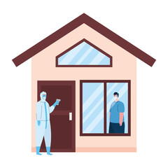 disinfection, person in viral protective suit, with digital non contact infrared thermometer, man check temperature in home vector illustration design