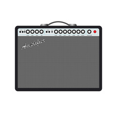 Isolated black electric guitar amplifier, cabinet equipment for musician flat logo or icon style, print for tee-shirt and graphic design, Musical instrument sales business. vector and illustration.