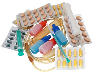 medical pack of pills and syringe on white