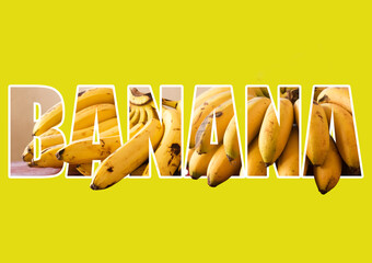 The word BANANA written with a 3d effect using several photos of bananas inside the text on bright...