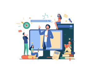 Teacher reading lecture online isolated flat vector illustration. Students learning lesson via laptop and listening webinar. Computer education and technology concept
