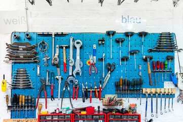 Bicycle shop, wall with various tools