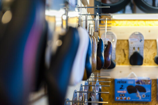 Bicycle seats in bike shop