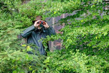 Well camouflaged between the bushes, a hunter observes the hunting area through his binoculars on a...
