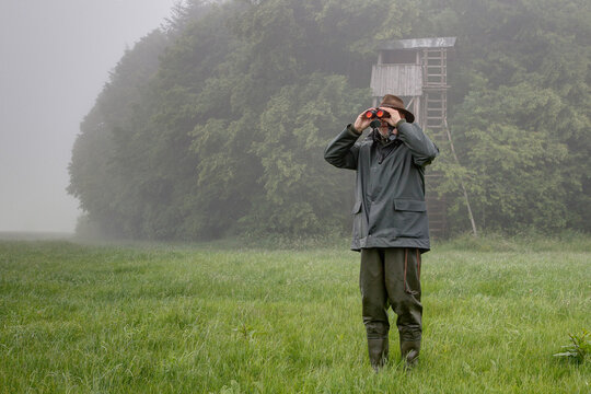 On a rainy day a hunter stands in front of the hunting pulpit in the meadow and looks through his binoculars.